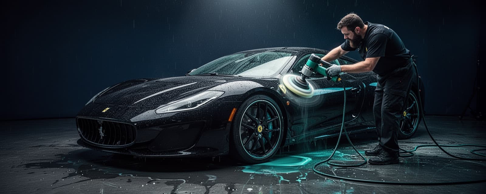 Profesional del detailing puliendo la carrocería de un coche reservado online